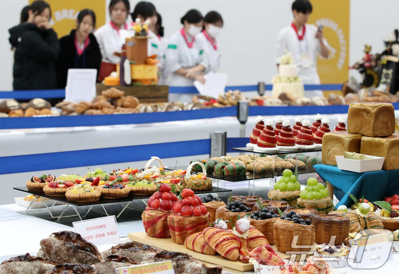 (대구=뉴스1) 공정식 기자 = 27일 오전 대구 북구 엑스코(EXCO)에서 개막한 '제23회 대구 음식산업 박람회'를 찾은 관람객이 제과제빵 경연대회에 출품된 작품을 살펴보고 있 …