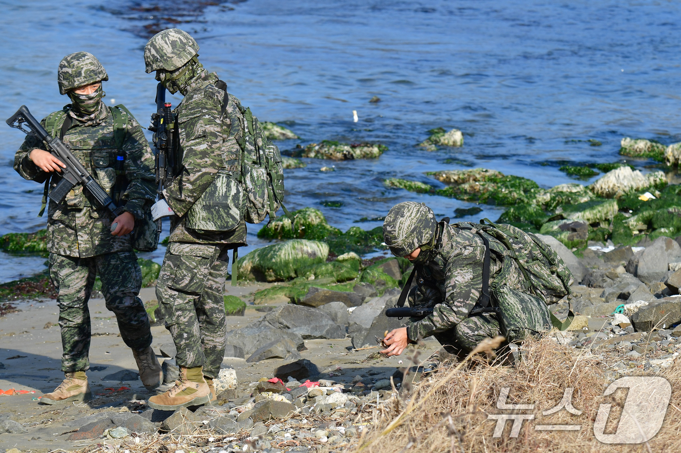(포항=뉴스1) 최창호 기자 = 해병대 1사단 장병들이 27일 오후 경북 포항시 남구 임곡해안에서 마약류 의심 물질 수색 작전을 펼치고 있다.이날 해병대는 최근 포항 해안에서 잇따 …