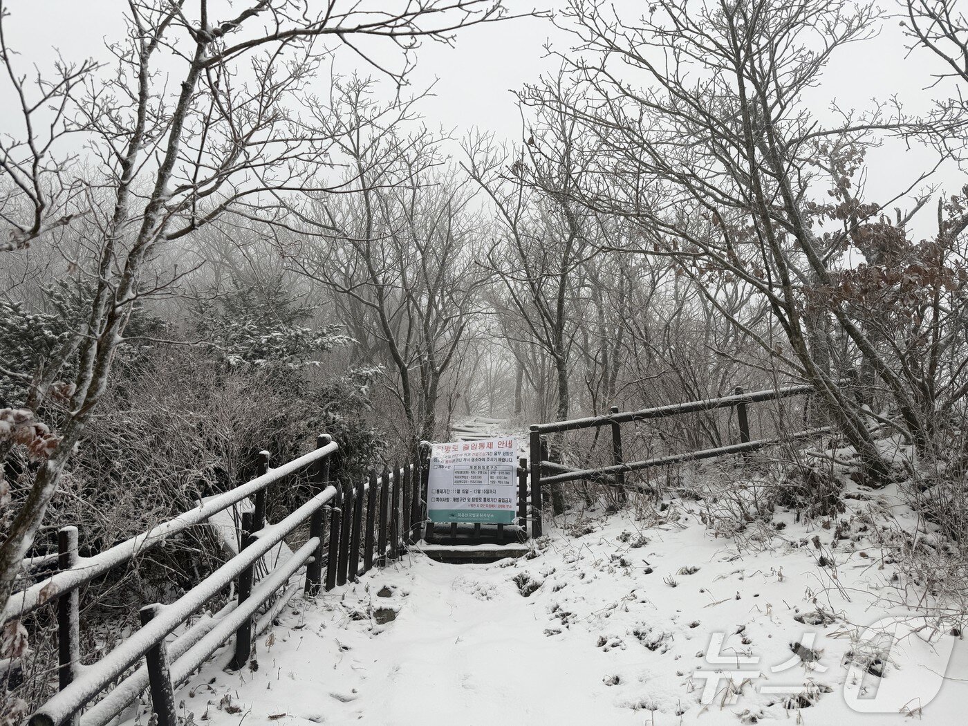 본문 이미지 - 27일 눈이 내린 전북 무주군의 덕유산 탐방로에 출입 통제 플래카드가 걸려있다.&#40;덕유산국립공원사무소 제공. 재판매 및 DB 금지&#41; 2025.11.27/뉴스1 ⓒ News1 장수인 기자