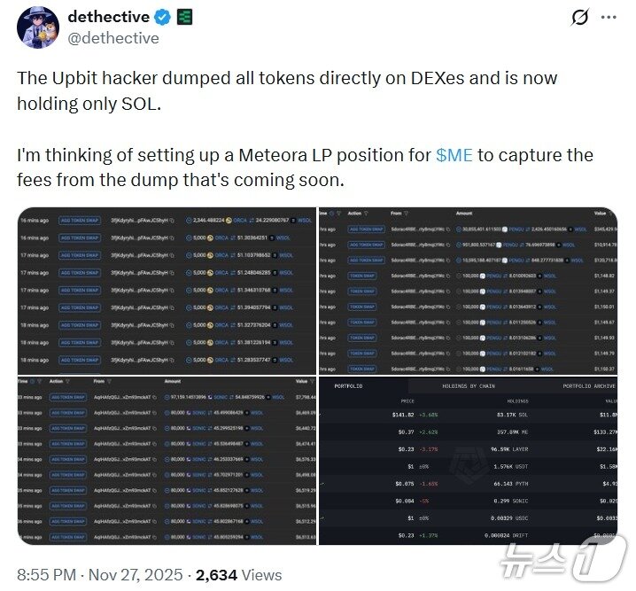 본문 이미지 - 가상자산 데이터 분석 계정 &#39;디텍티브&#40;Detective&#41;&#39;가 업비트 해커의 지갑 주소를 추적한 결과, 해커가 탈취한 가상자산들을 솔라나&#40;SOL&#41;로 모두 바꿨다고 밝혔다. X&#40;구 트위터&#41; 갈무리.