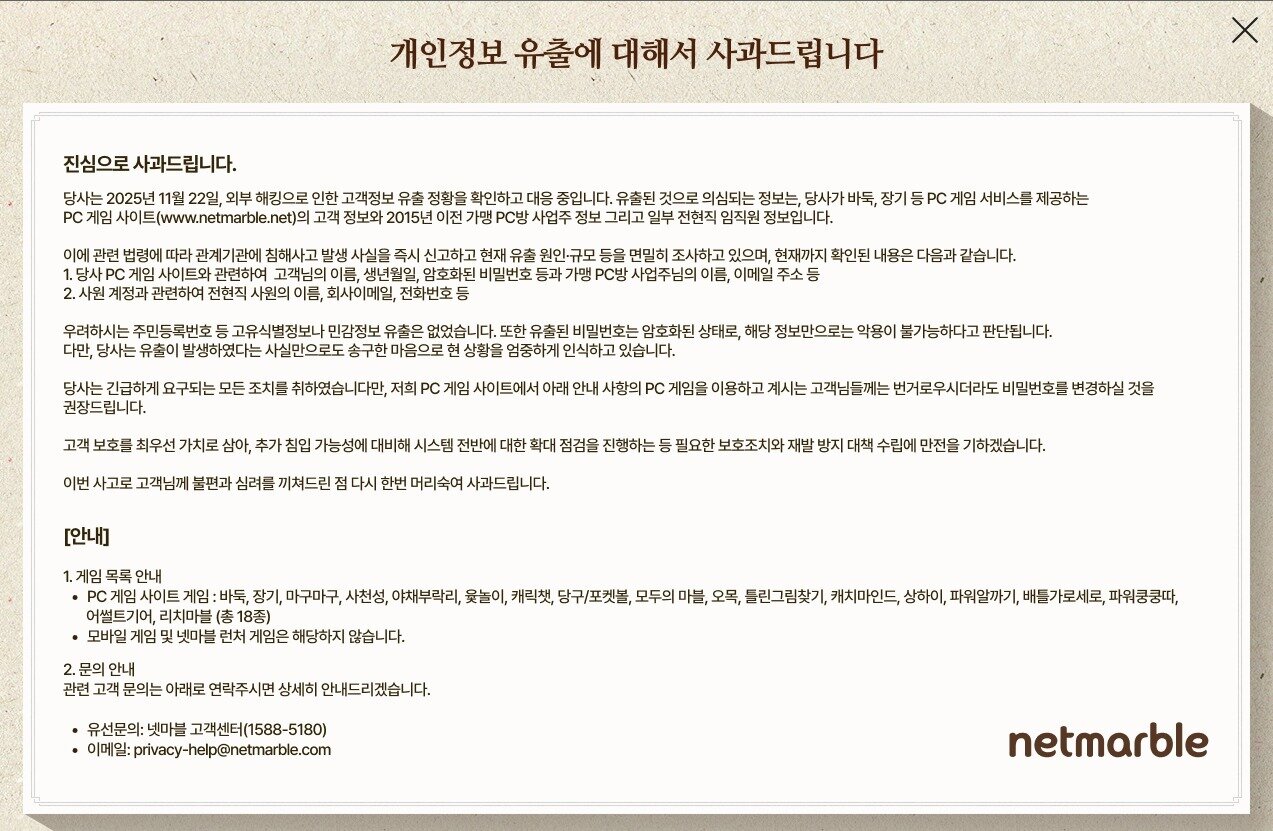 본문 이미지 - 넷마블이 지난 26일 해킹 공격으로 고객 개인 정보가 유출됐다며 홈페이지에 사과문을 게재했다. 넷마블 자체 조사에 따르면 이번 공격으로 휴면 처리된 계정 정보 3100만여개와 이용자 611만명의 개인정보가 유출됐다.&#40;넷마블 홈페이지 갈무리&#41;2025.11.28/뉴스1 