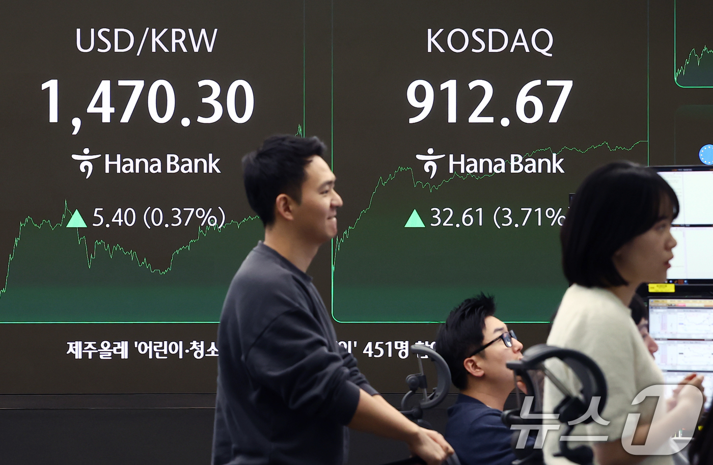 (서울=뉴스1) 김민지 기자 = 28일 오후 서울 중구 하나은행 딜링룸 전광판에 코스닥 지수가 나오고 있다.이날 코스피는 전 거래일(3986.91)보다 60.32포인트(1.51%) …