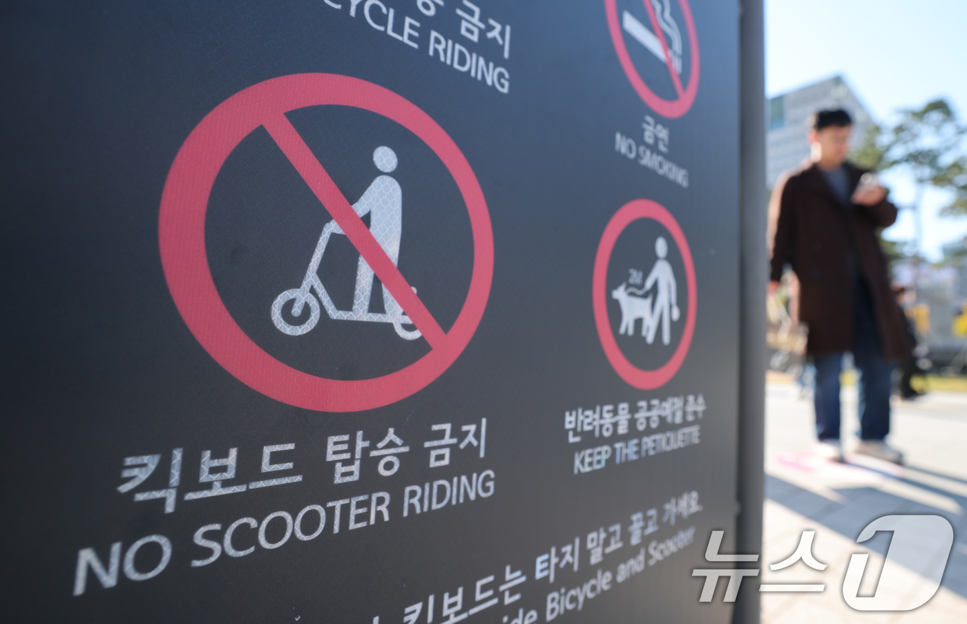 (서울=뉴스1) 임세영 기자 = 3일 서울 광화문광장에 킥보드 통행금지 표지판이 설치되어 있다.서울시가 지난 5월부터 마포구와 서초구 등 시내 2개 구간을 대상으로 전국 최초 '킥 …