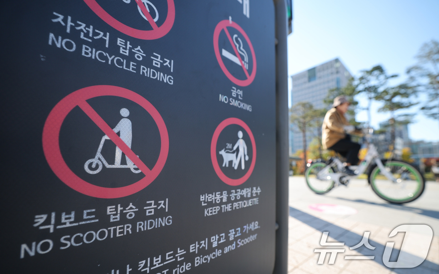 (서울=뉴스1) 임세영 기자 = 3일 서울 광화문광장에 킥보드 통행금지 표지판이 설치되어 있다.서울시가 지난 5월부터 마포구와 서초구 등 시내 2개 구간을 대상으로 전국 최초 '킥 …