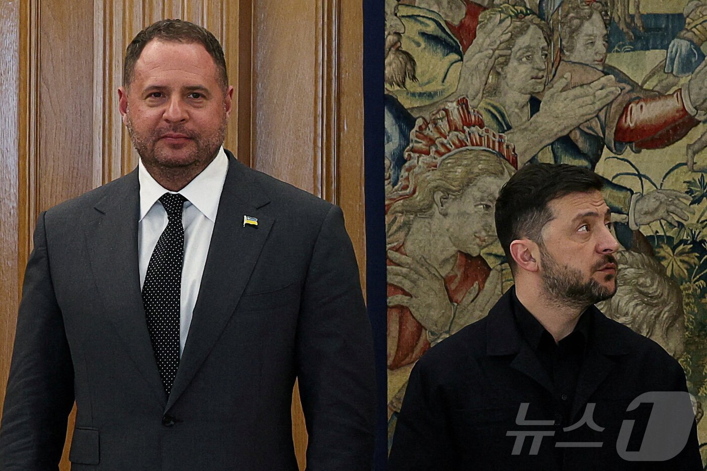 본문 이미지 - 젤렌스키 우크라이나 대통령&#40;오른쪽&#41;과 사임한 예르마크 대통령 비서실장. 2025.11.18 ⓒ 로이터=뉴스1 ⓒ News1 이지예 객원기자
