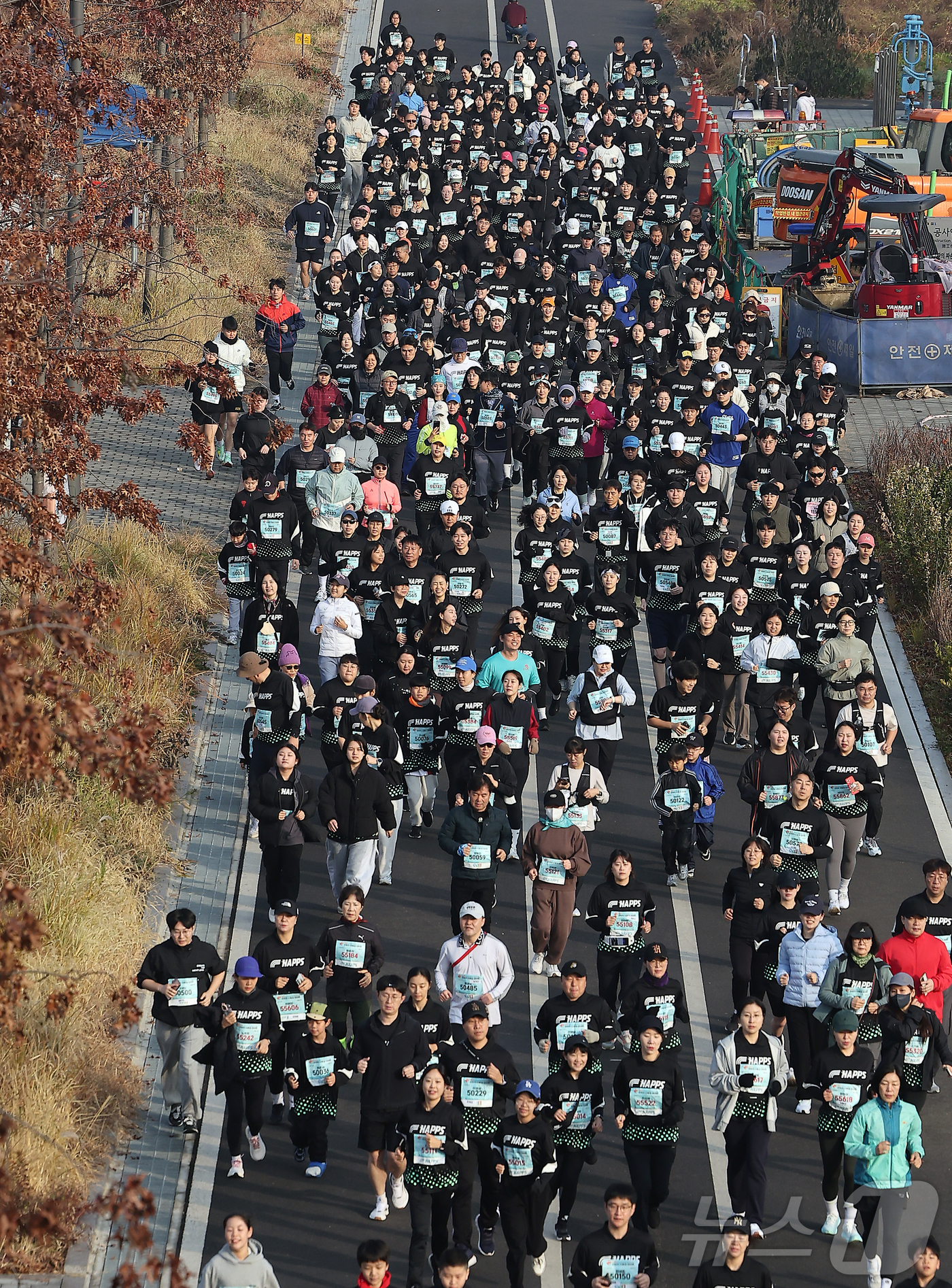 (서울=뉴스1) 김진환 기자 = 30일 오전 서울 영등포구 문래동 영롱이억새구장에서 열린 2025 안양천 단풍길 마라톤에 참가한 마라토너들이 힘차게 출발하고 있다. 2025.11. …