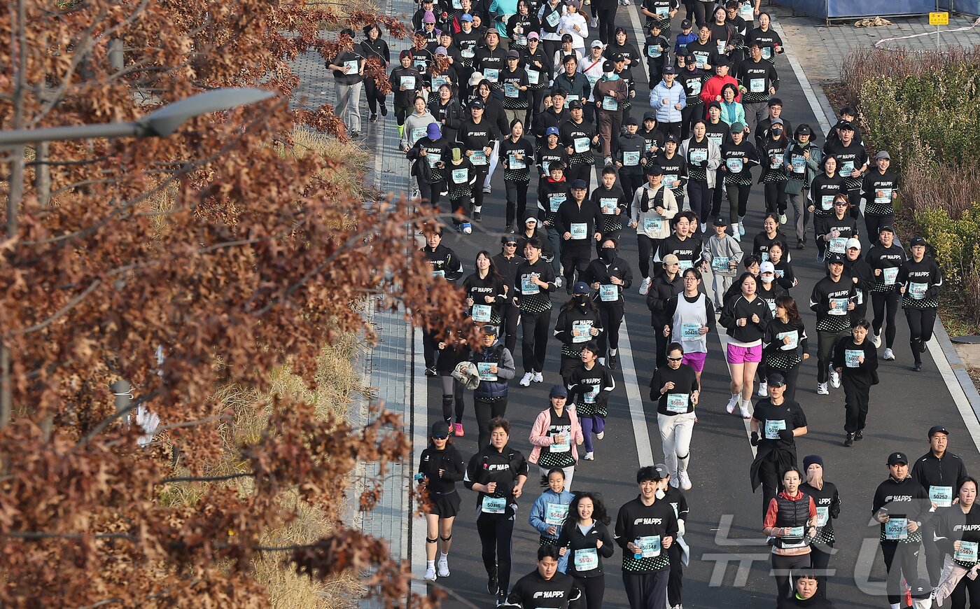 본문 이미지 - 30일 오전 서울 영등포구 문래동 영롱이억새구장에서 열린 2025 안양천 단풍길 마라톤에 참가한 마라토너들이 힘차게 출발하고 있다. 2025.11.30/뉴스1 ⓒ News1 김진환 기자
