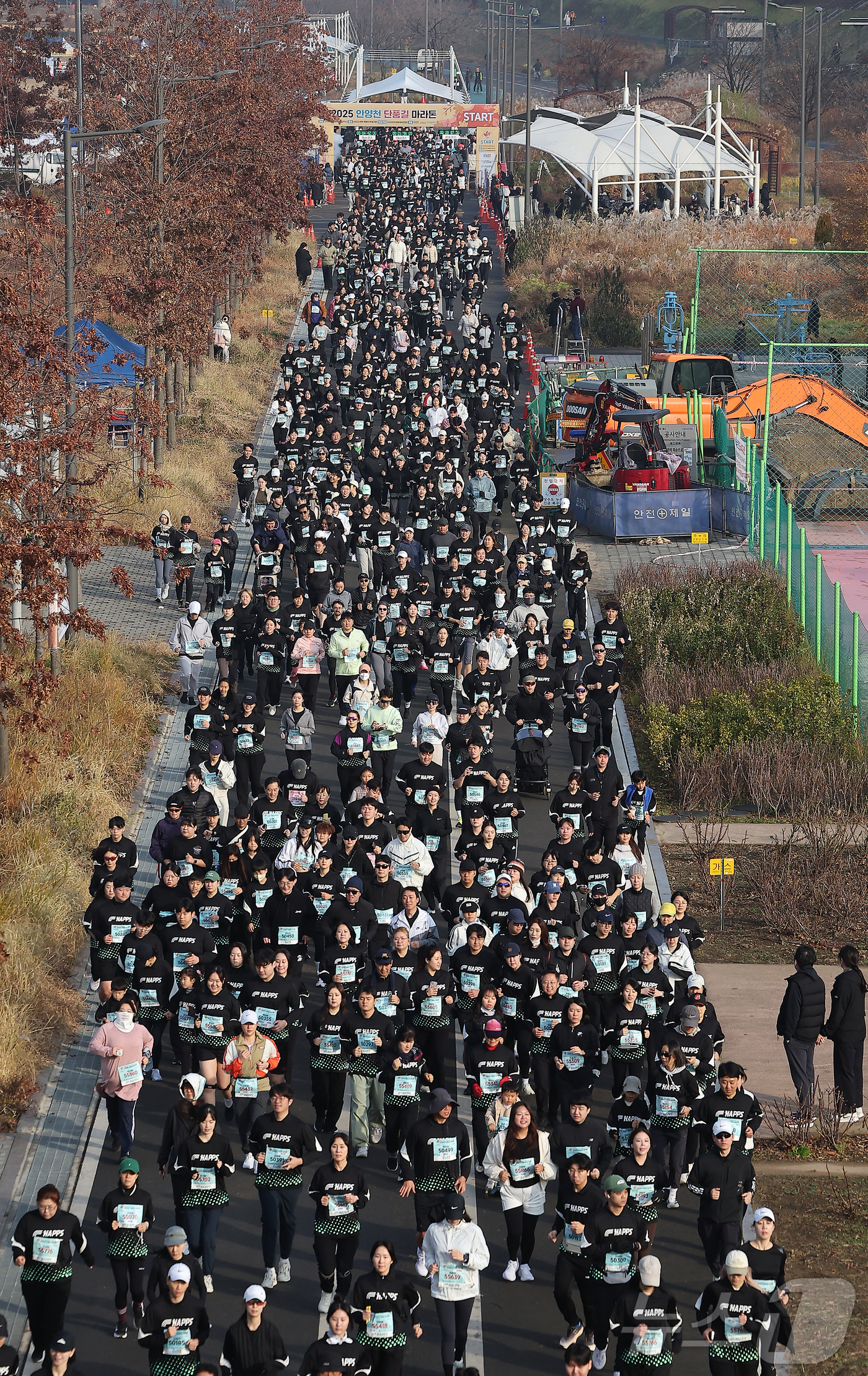 (서울=뉴스1) 김진환 기자 = 30일 오전 서울 영등포구 문래동 영롱이억새구장에서 열린 2025 안양천 단풍길 마라톤에 참가한 마라토너들이 힘차게 출발하고 있다. 2025.11. …