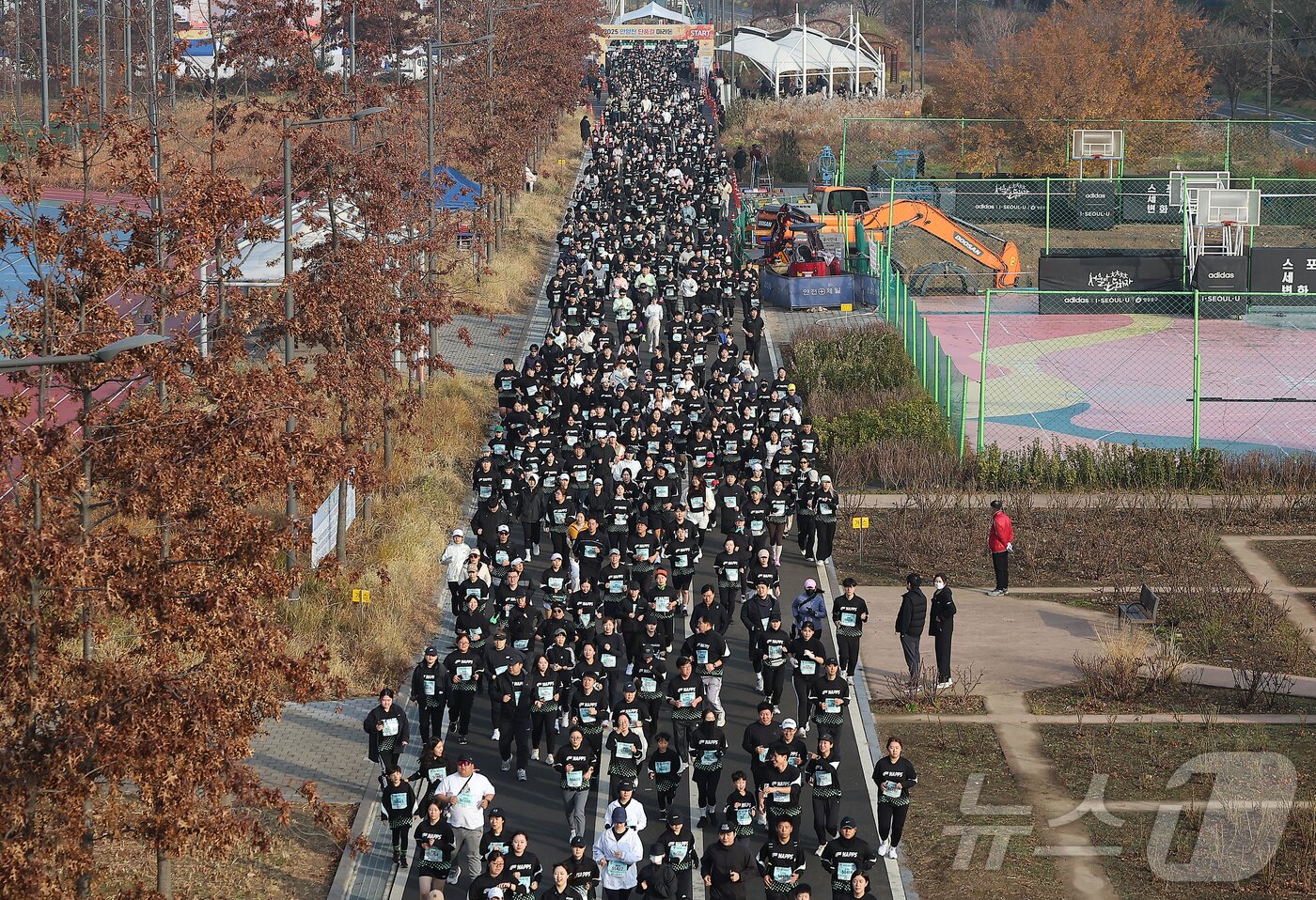 본문 이미지 - 30일 오전 서울 영등포구 문래동 영롱이억새구장에서 열린 2025 안양천 단풍길 마라톤에 참가한 마라토너들이 힘차게 출발하고 있다. 2025.11.30/뉴스1 ⓒ News1 김진환 기자