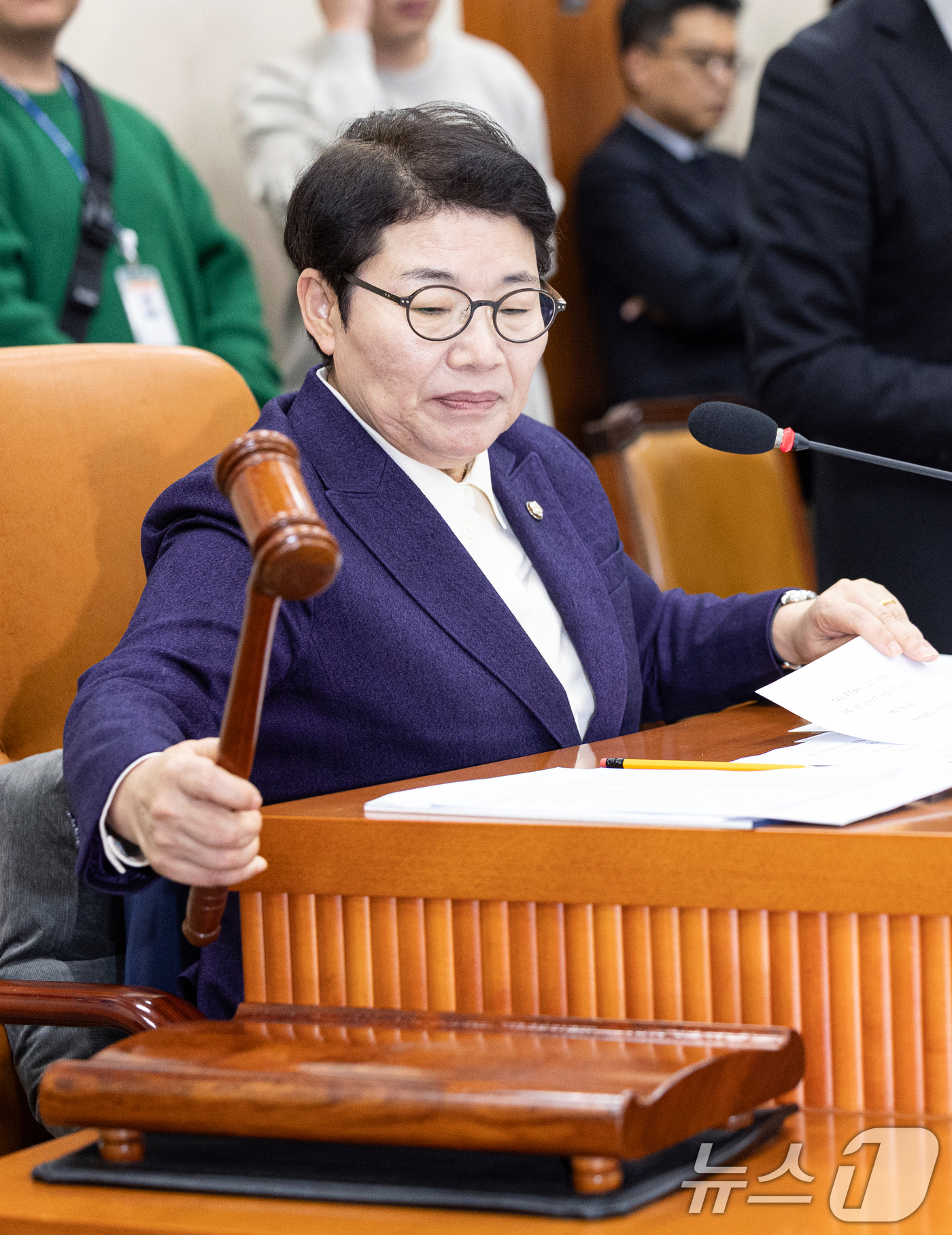 (서울=뉴스1) 이승배 기자 = 30일 서울 여의도 국회에서 열린 제429회국회(정기회) 기획재정위원회 제8차 전체회의에서 임이자 위원장이 의사봉을 두드리고 있다. 2025.11. …