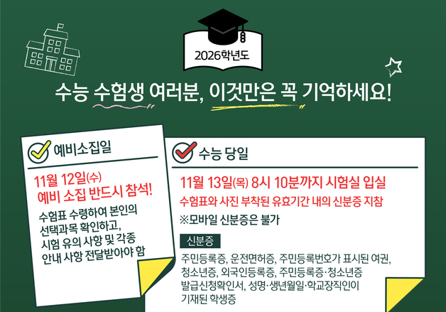 [오늘의 그래픽] 2026학년도 수능 수험생 여러분, 이것만은 꼭 기억하세요!