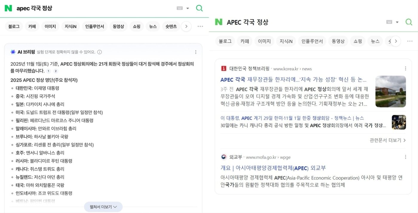 본문 이미지 - 네이버 검색창에 &#39;APEC 각국 정상&#39;을 입력했을 때 미국 대통령 정보가 잘못 표기된 모습&#40;왼쪽&#41;과 시정 후 AI 브리핑 서비스가 제공되지 않는 모습 &#40;AI 브리핑 검색 화면 갈무리&#41;