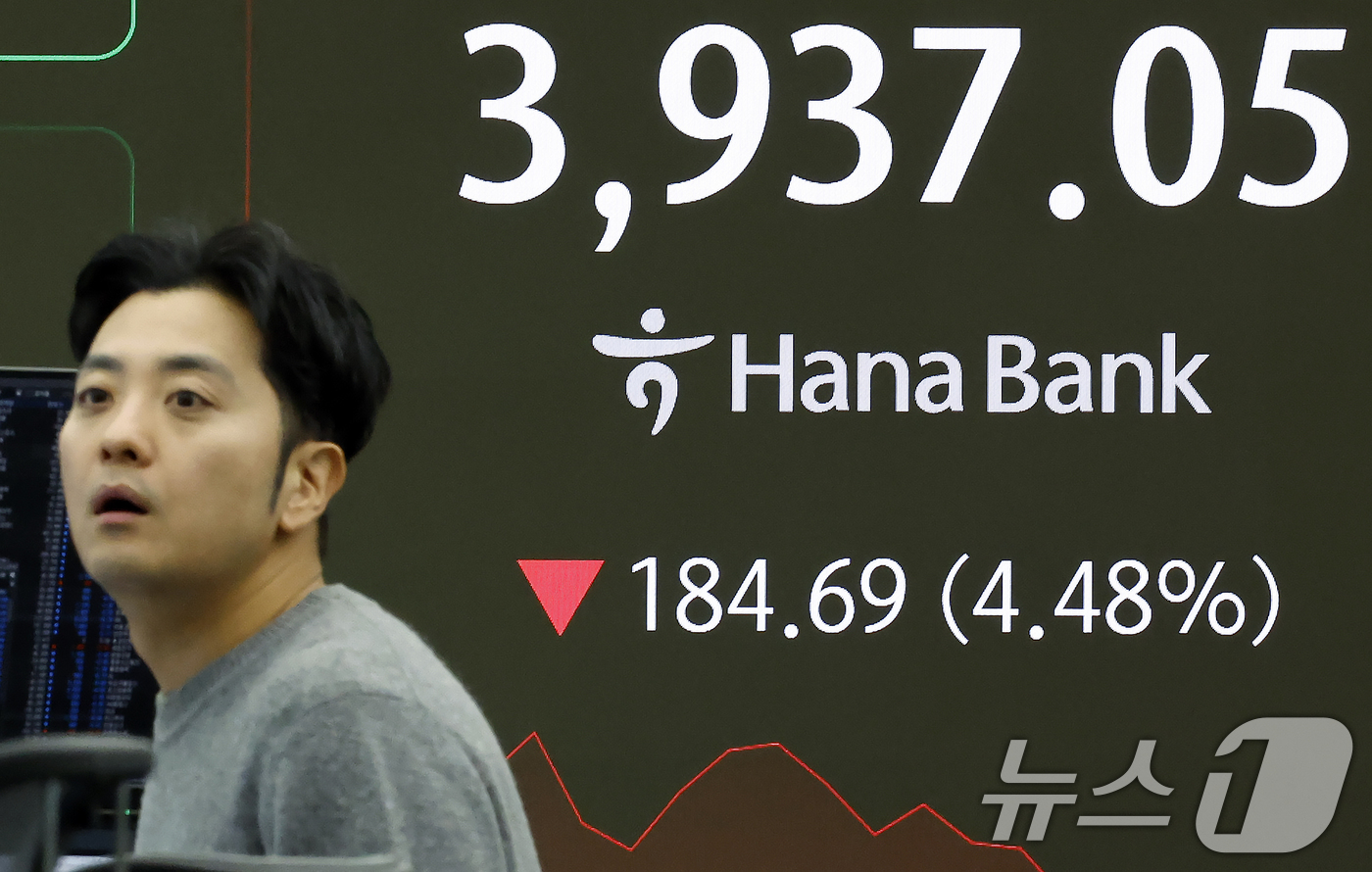 (서울=뉴스1) 박정호 기자 = 5일 오전 서울 중구 하나은행 딜링룸에 코스피 시황이 표시되고 있다.이날 코스피는 66.27p 하락하며 출발해 장중 4000선이 붕괴됐다. 2025 …