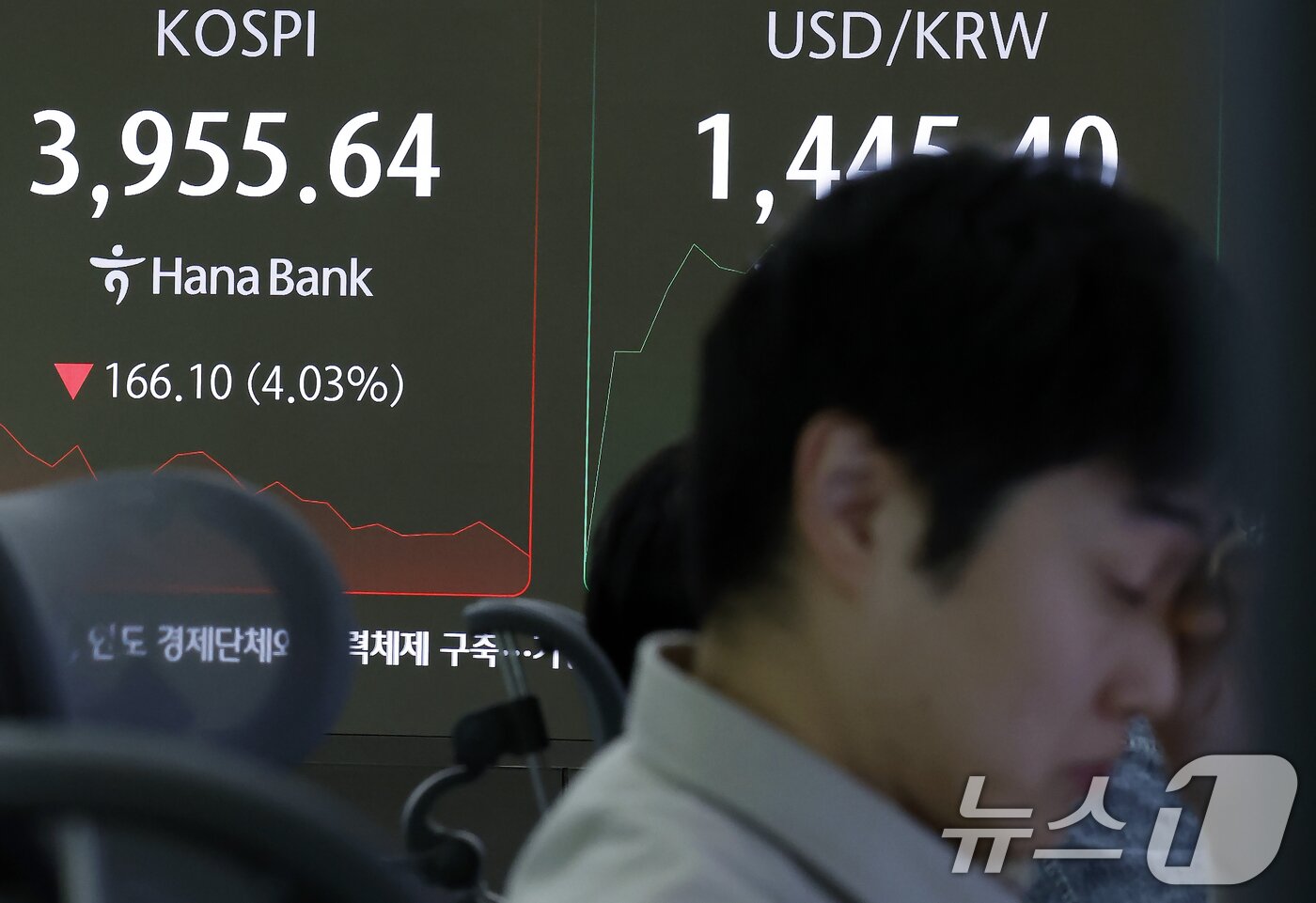 본문 이미지 - 5일 오전 서울 중구 하나은행 딜링룸에 코스피 시황이 표시되고 있다. 이날 코스피는 66.27p 하락하며 출발해 장중 4000선이 붕괴됐다. 2025.11.5/뉴스1 ⓒ News1 박정호 기자