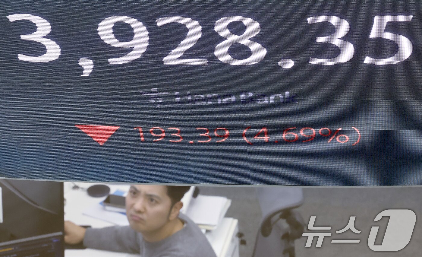 본문 이미지 - 5일 오전 서울 중구 하나은행 딜링룸에 코스피 시황이 표시되고 있다. 이날 코스피는 66.27p 하락하며 출발해 장중 4000선이 붕괴됐다. 2025.11.5/뉴스1 ⓒ News1 박정호 기자