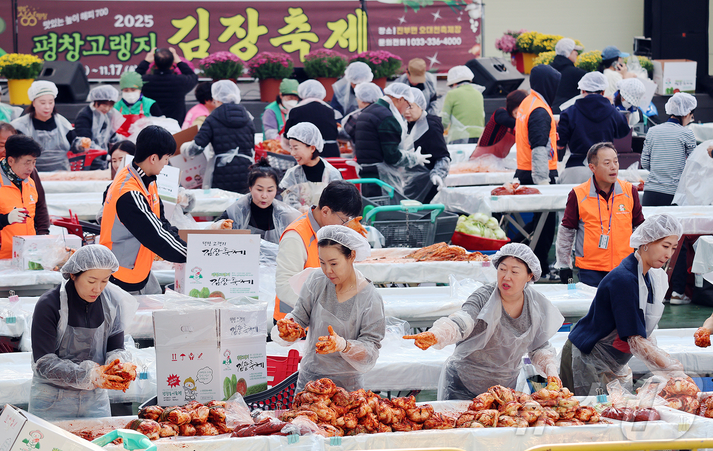 (서울=뉴스1) = 5일 강원 평창군 진부면민체육공원에서 열린 제8회 평창고랭지김장축제를 찾은 방문객들이 김장김치를 담그고 있다. (평창군 제공. 재판매 및 DB금지)  2025. …