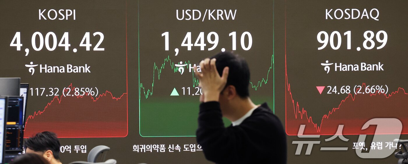 본문 이미지 - 코스피가 급락한 5일 오후 서울 중구 하나은행 본점 딜링룸 전광판에 종가가 표시되고 있다.  2025.11.5/뉴스1 ⓒ News1 오대일 기자