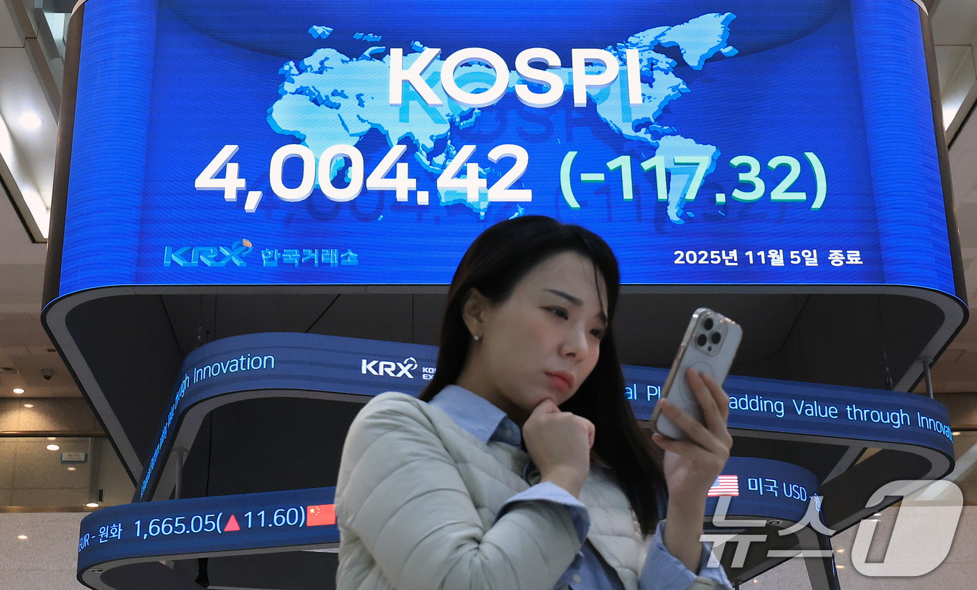 (서울=뉴스1) 이호윤 기자 = 코스피가 급락한 5일 오후 서울 영등포구 한국거래소 모니터에 종가가 표시되고 있다.이날 코스피는 7개월 만에 매도 사이드카까지 터지며 급락장을 연출 …