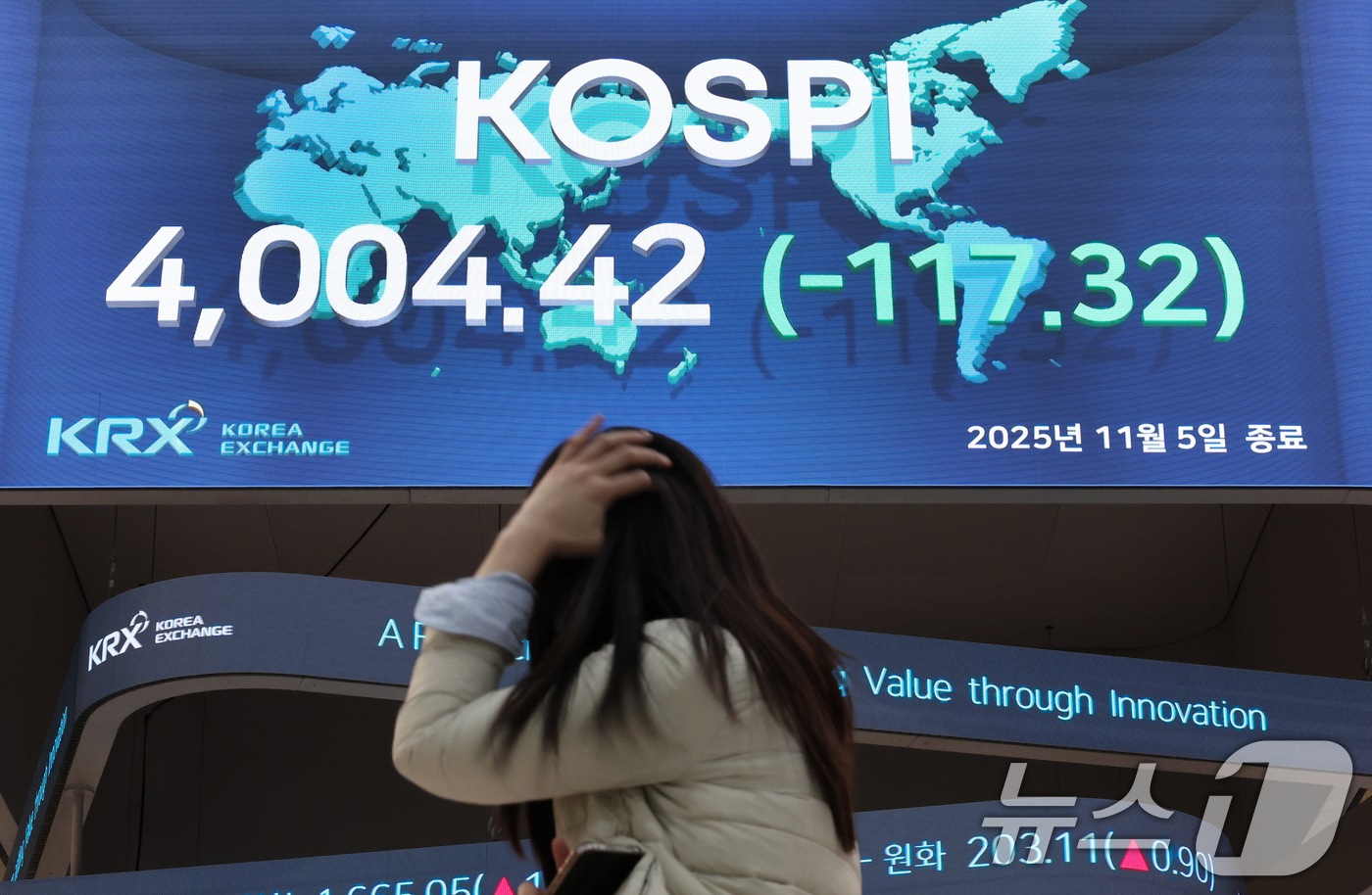 (서울=뉴스1) 이호윤 기자 = 코스피가 급락한 5일 오후 서울 영등포구 한국거래소 모니터에 코스피 종가가 표시되고 있다.코스피는 전 거래일 대비 117.32포인트(2.85%)하락 …