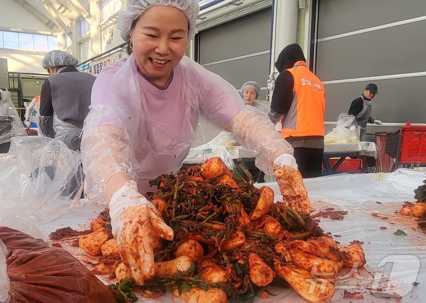 본문 이미지 - &#39;2025년 평창고랭지김장축제&#39;가 5일 강원 평창군 진부면민체육공원 다목적센터에서 성황리에 개막한 가운데 이날 행사장에서 축제 참가자들이 김장에 나서고 있다. 2025.11.5./뉴스1 2025.11.5/뉴스1 ⓒ News1 신관호 기자