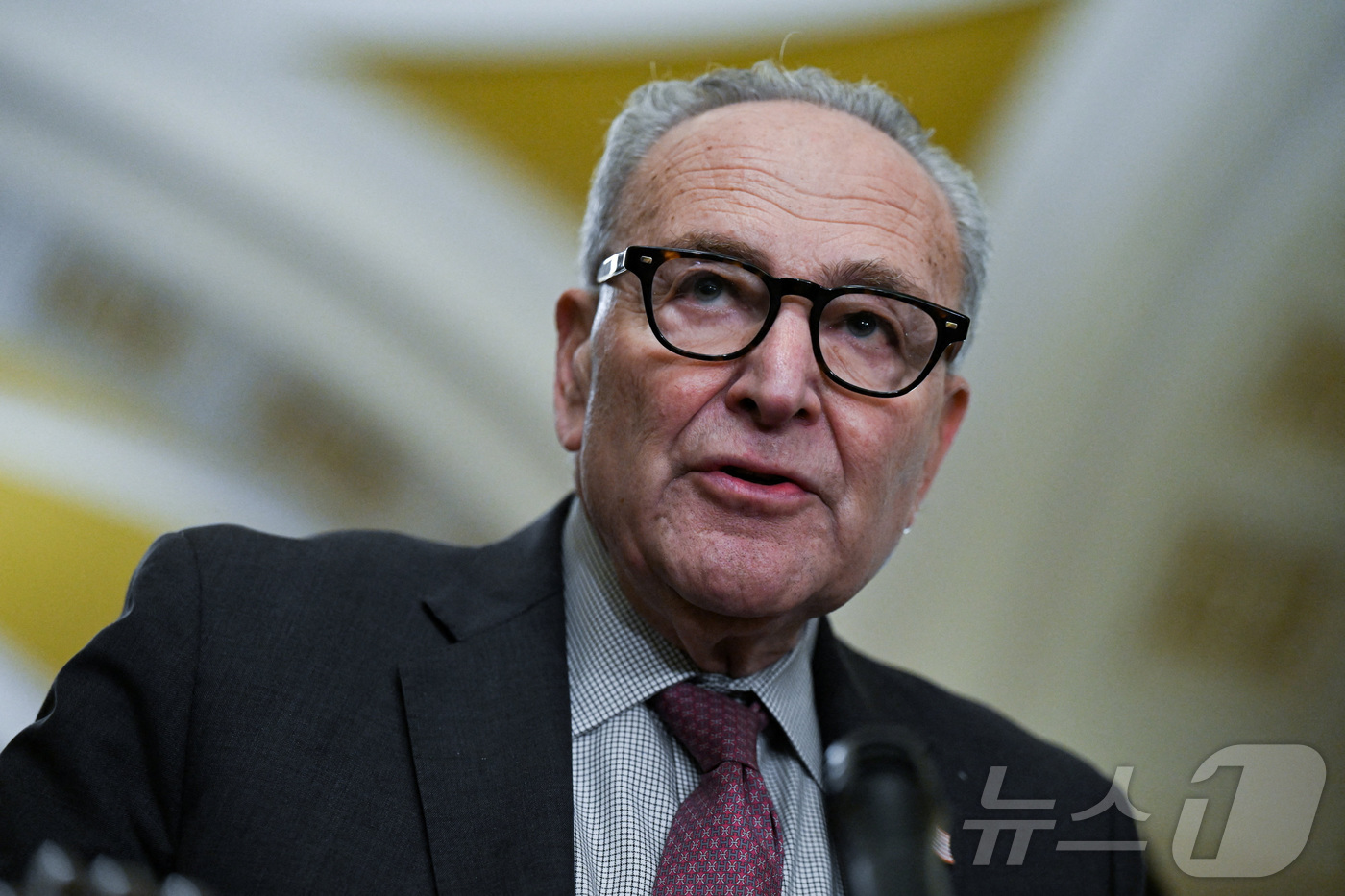 (워싱턴 로이터=뉴스1) 김경민 기자 = 척 슈머 상원 민주당 원내대표가 4일(현지시간) 미국 워싱턴DC 국회의사당에서 주간 정책 오찬 후 기자회견을 갖고 있다. 2025.11.4 …