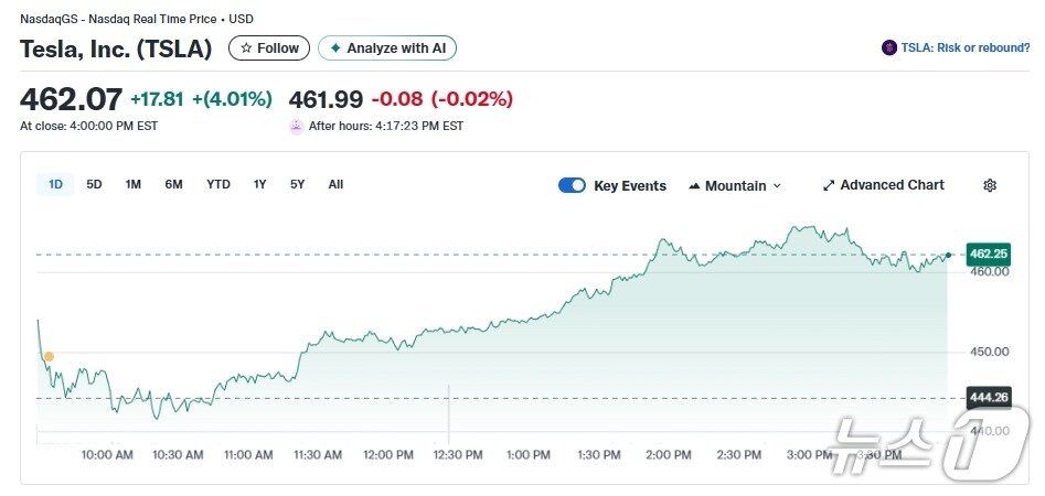 본문 이미지 - 테슬라 일일 주가추이 - 야후 파이낸스 갈무리