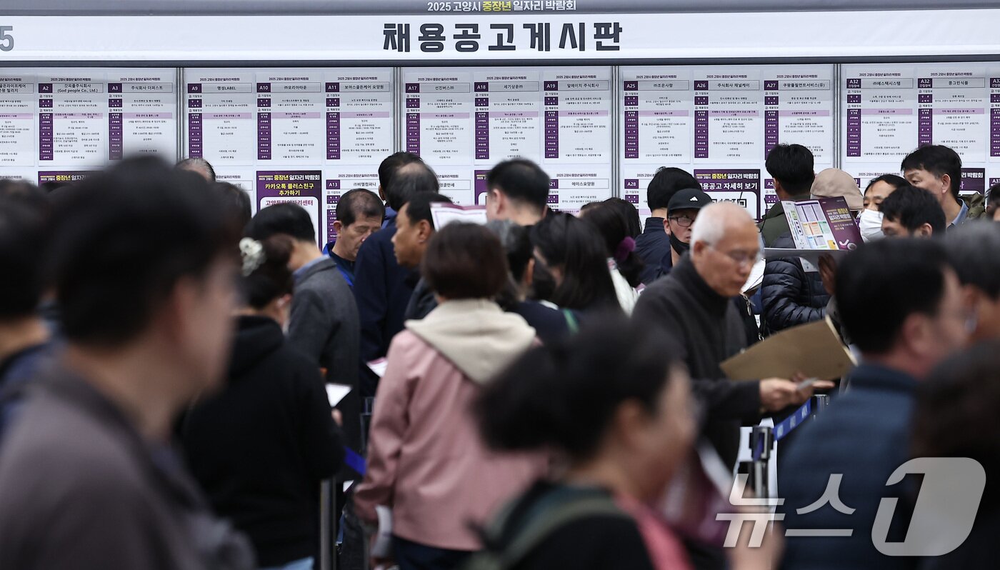 본문 이미지 - 경기도 고양시 킨텍스에서 열린 2025 고양시 중장년 일자리 박람회에서 구직자들이 채용 정보를 살펴보고 있다. ⓒ 뉴스1 김성진 기자