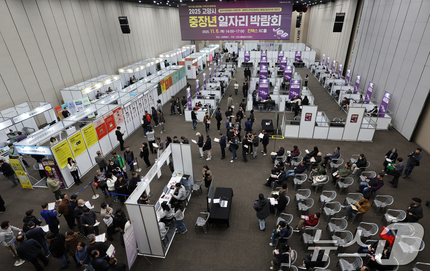 (고양=뉴스1) 김성진 기자 = 6일 경기도 고양시 킨텍스에서 열린 2025 고양시 중장년 일자리 박람회에서 구직자들이 채용 정보를 살펴보고 있다.이날 정청래 더불어민주당 대표는 …