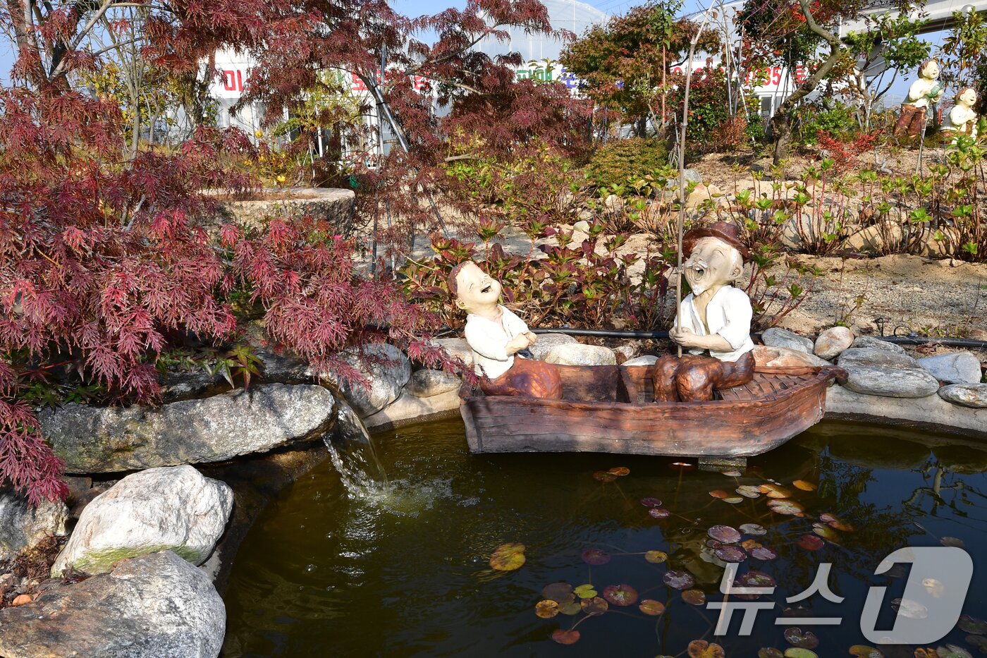 본문 이미지 - 6일 오후 경북 포항시 북구 흥해읍 망천리에 있는 미소토우 갤러리 마당에 노부부 토우 인형이 설치되고 있다. 2025.11.6/ⓒ News1 최창호 기자