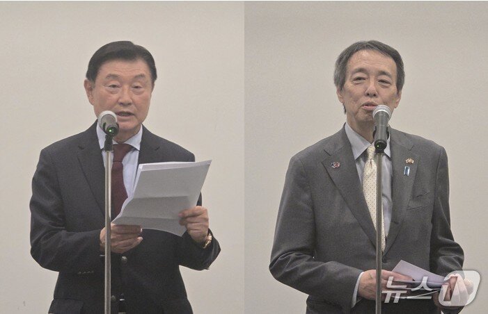 본문 이미지 - 6일 열린 韓日 국교정상화 60주년 기념 리셉션에서 임성준 서울국제음악제 조직위원장(왼쪽)과 미즈시마 코이치 주한일본국특명전권대사가 인사말을 전하고 있다. ⓒ 뉴스1 김정한 기자