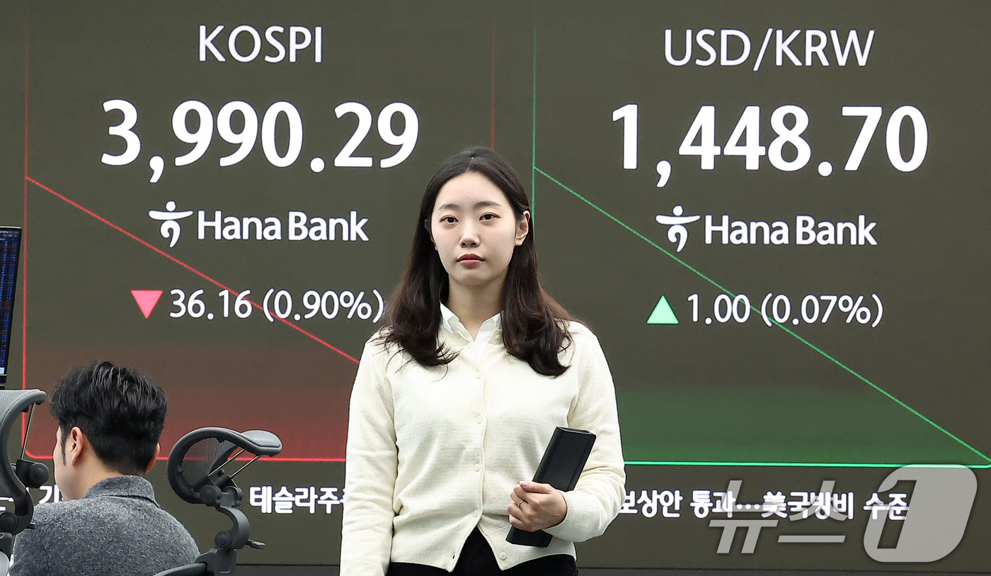 (서울=뉴스1) 김성진 기자 = 7일 오전 서울 중구 하나은행 본점 딜링룸 전광판에 개장 시황이 나오고 있다.코스피는 이날 오전 9시 5분 전일 종가와 비교해 25.18포인트(p) …