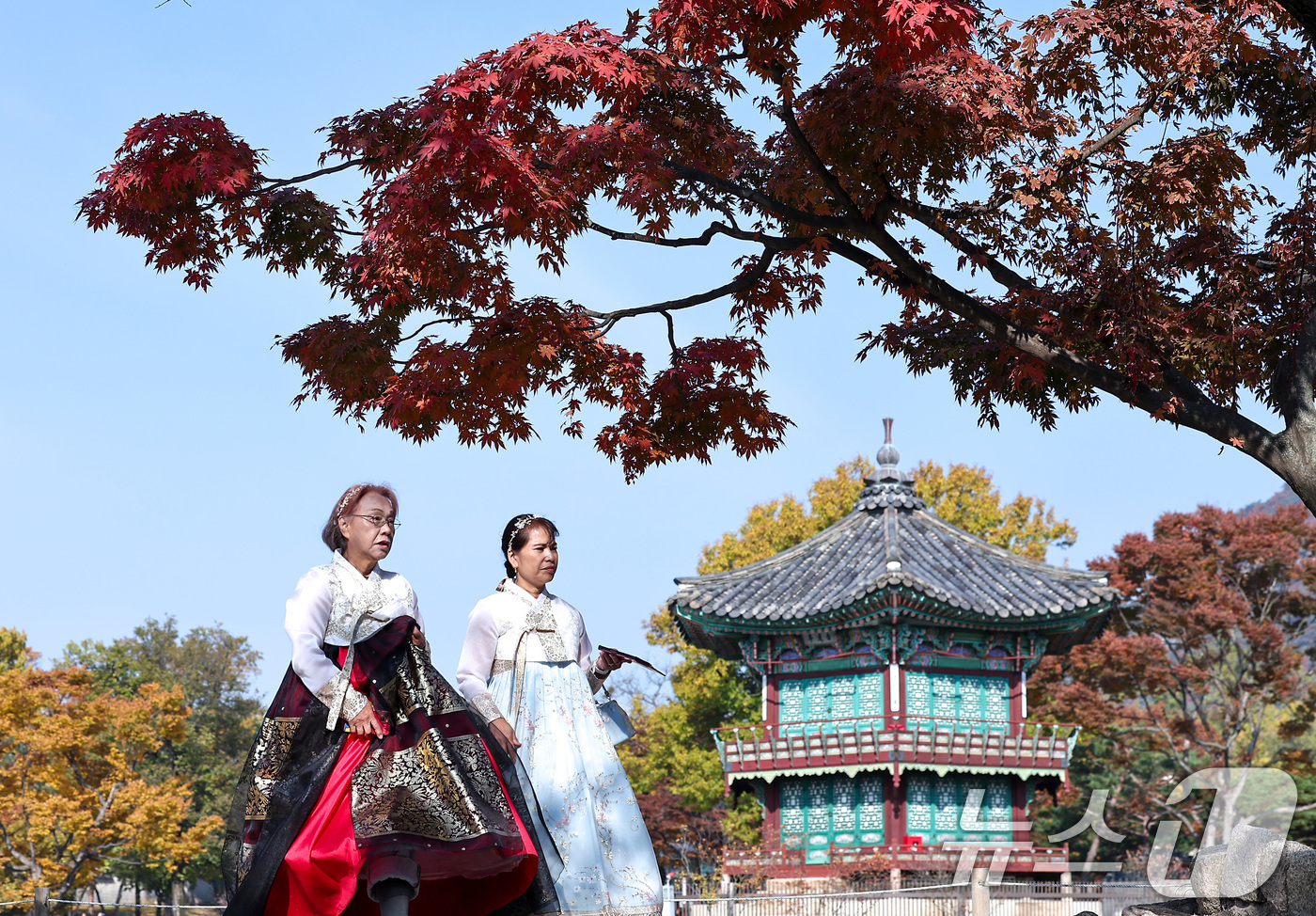 (서울=뉴스1) 김성진 기자 = 절기상 입동(立冬)인 7일 서울 종로구 경복궁 향원정에서 외국인 관광객들이 단풍과 함께 즐거운 시간을 보내고 있다. 2025.11.7/뉴스1