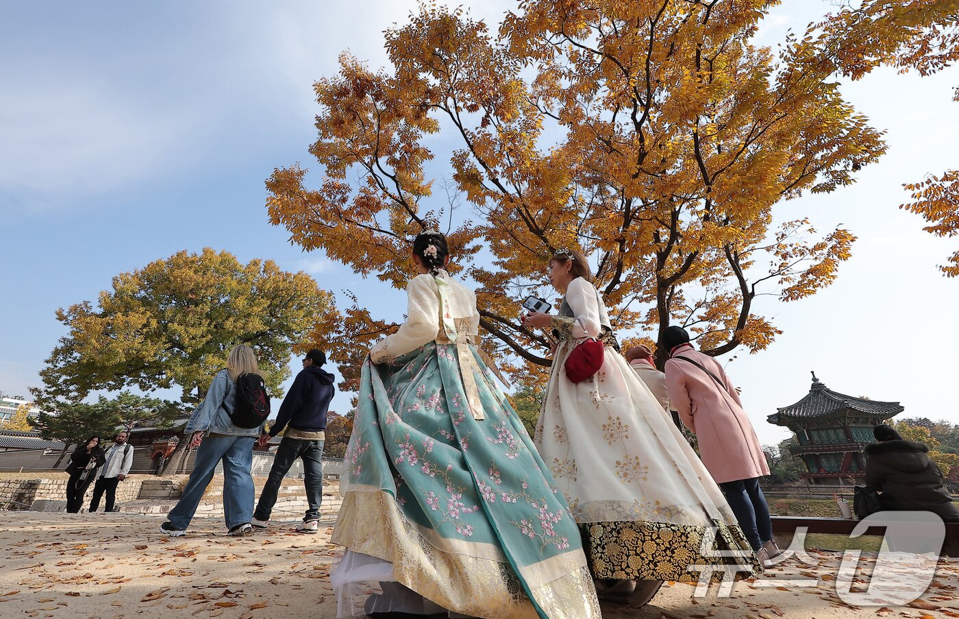 본문 이미지 - 절기상 입동&#40;立冬&#41;인 7일 서울 종로구 경복궁 향원정에서 시민들이 단풍과 함께 즐거운 시간을 보내고 있다. 2025.11.7/뉴스1 ⓒ News1 김성진 기자