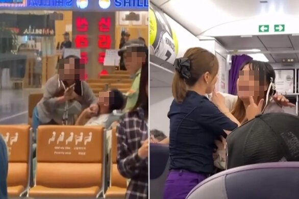 본문 이미지 - &#34;남친 옆자리로 옮겨달라&#34; 요구 거부 당하자 女 승무원을 폭행하고 있는 여성. 출처=피플