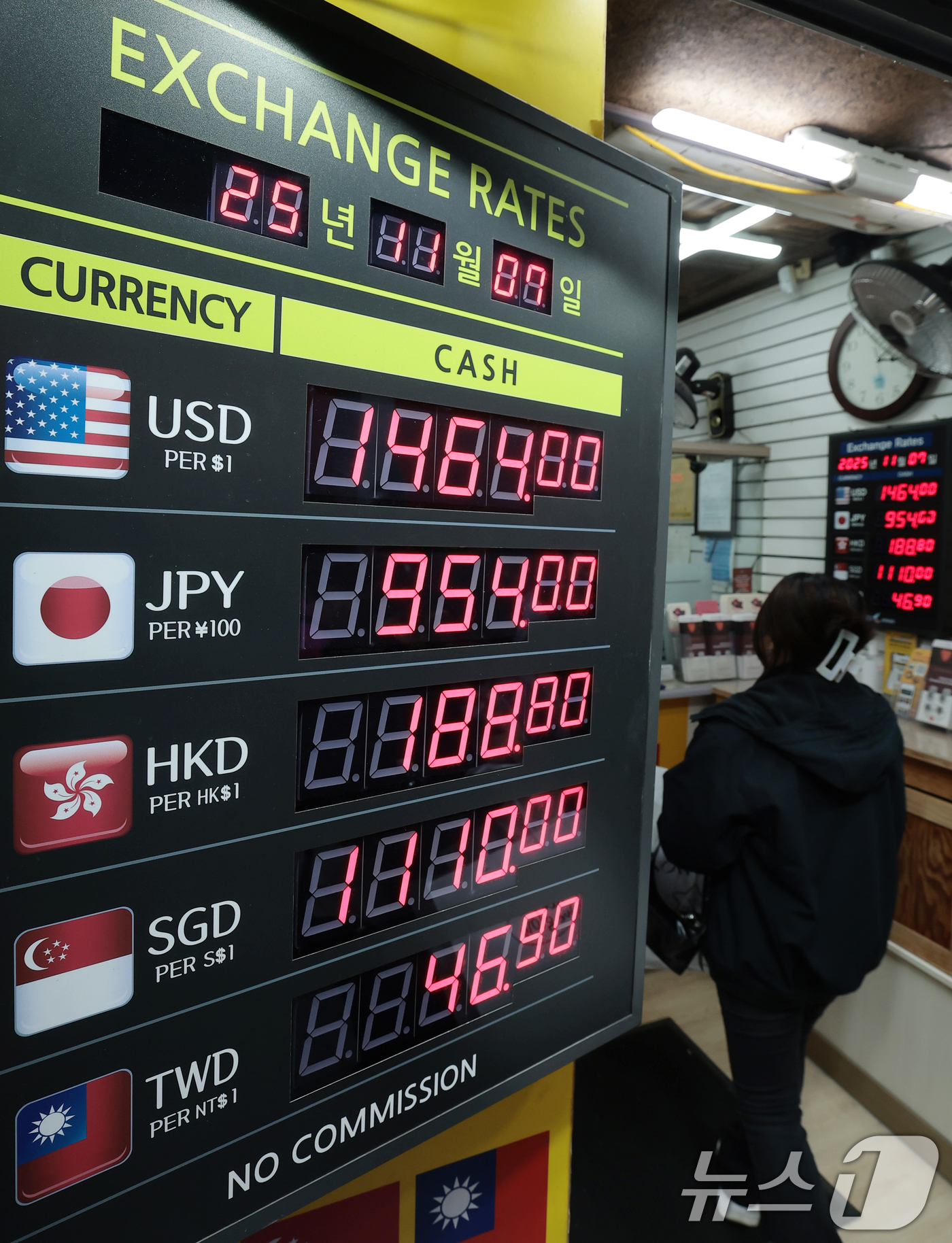 (서울=뉴스1) 권현진 기자 = 7일 오후 서울 중구 명동의 한 환전소 앞 전광판에 환율이 표시되고 있다. 이날 원·달러 환율은 미국의 고용지표 부진으로 경기 둔화 우려가 커지면서 …