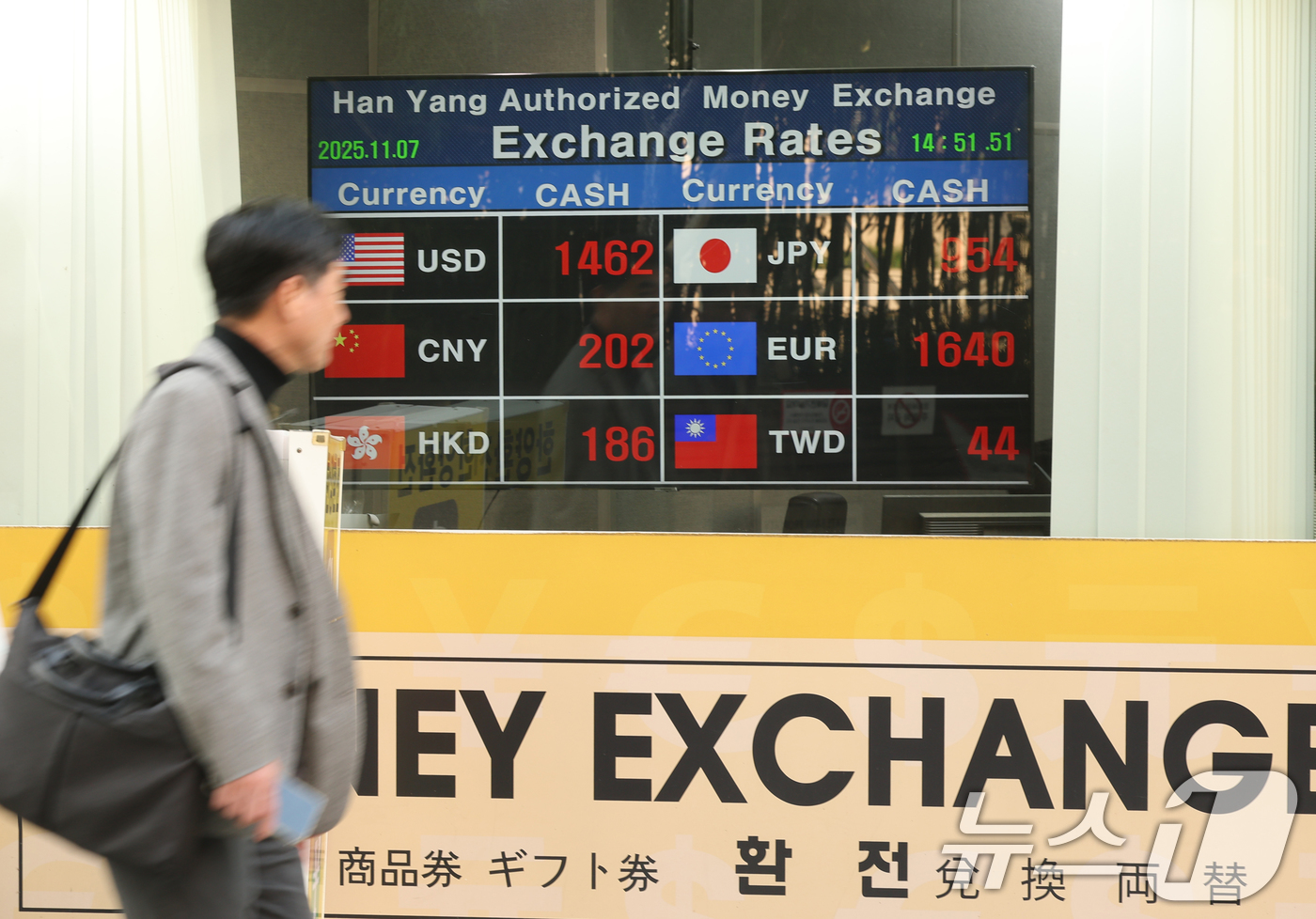 (서울=뉴스1) 권현진 기자 = 7일 오후 서울 중구 명동의 한 환전소 앞 전광판에 환율이 표시되고 있다. 이날 원·달러 환율은 미국의 고용지표 부진으로 경기 둔화 우려가 커지면서 …