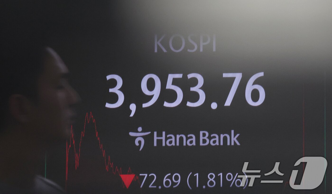 본문 이미지 - 7일 오후 서울 중구 하나은행 본점 딜링룸 전광판에 증시 종가가 표시돼 있다. 이날 코스피는 전 거래일 대비 72.69포인트&#40;1.81%&#41; 하락한 3,953.76, 코스닥 지수는 21.36포인트&#40;2.38%&#41; 하락한 876.81로 거래를 마쳤다. 2025.11.7/뉴스1 ⓒ News1 김명섭 기자