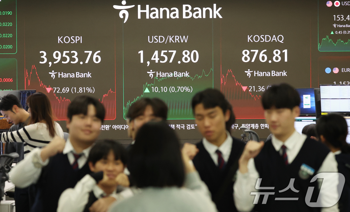 (서울=뉴스1) 김명섭 기자 = 7일 오후 서울 중구 하나은행 본점 딜링룸 전광판에 증시 종가가 표시돼 있다. 이날 코스피는 전 거래일 대비 72.69포인트(1.81%) 하락한 3 …
