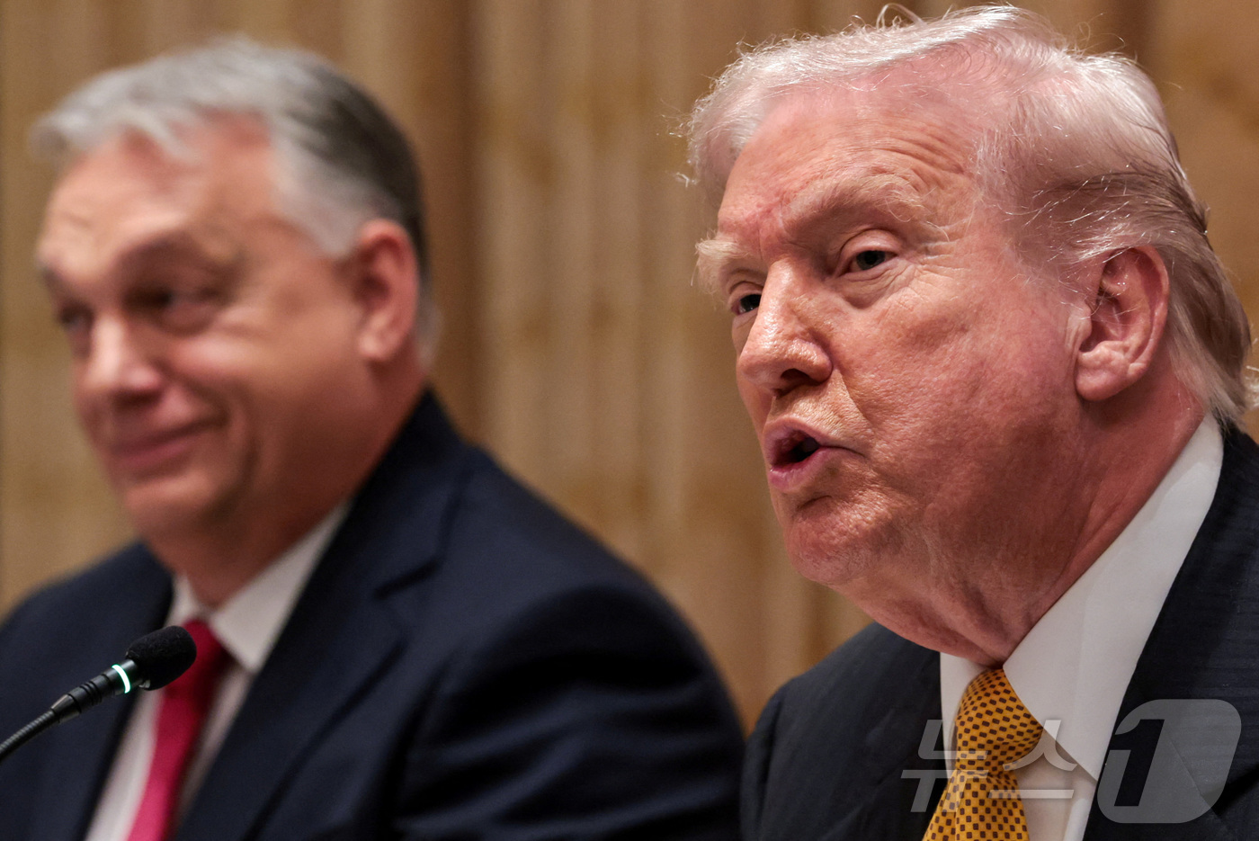 (워싱턴DC 로이터=뉴스1) 류정민 특파원 = 도널드 트럼프 미국 대통령이 7일(현지시간) 워싱턴DC 백악관에서 열린 빅토르 오르반 헝가리 총리와의 오찬을 겸한 정상회담에서 발언하 …