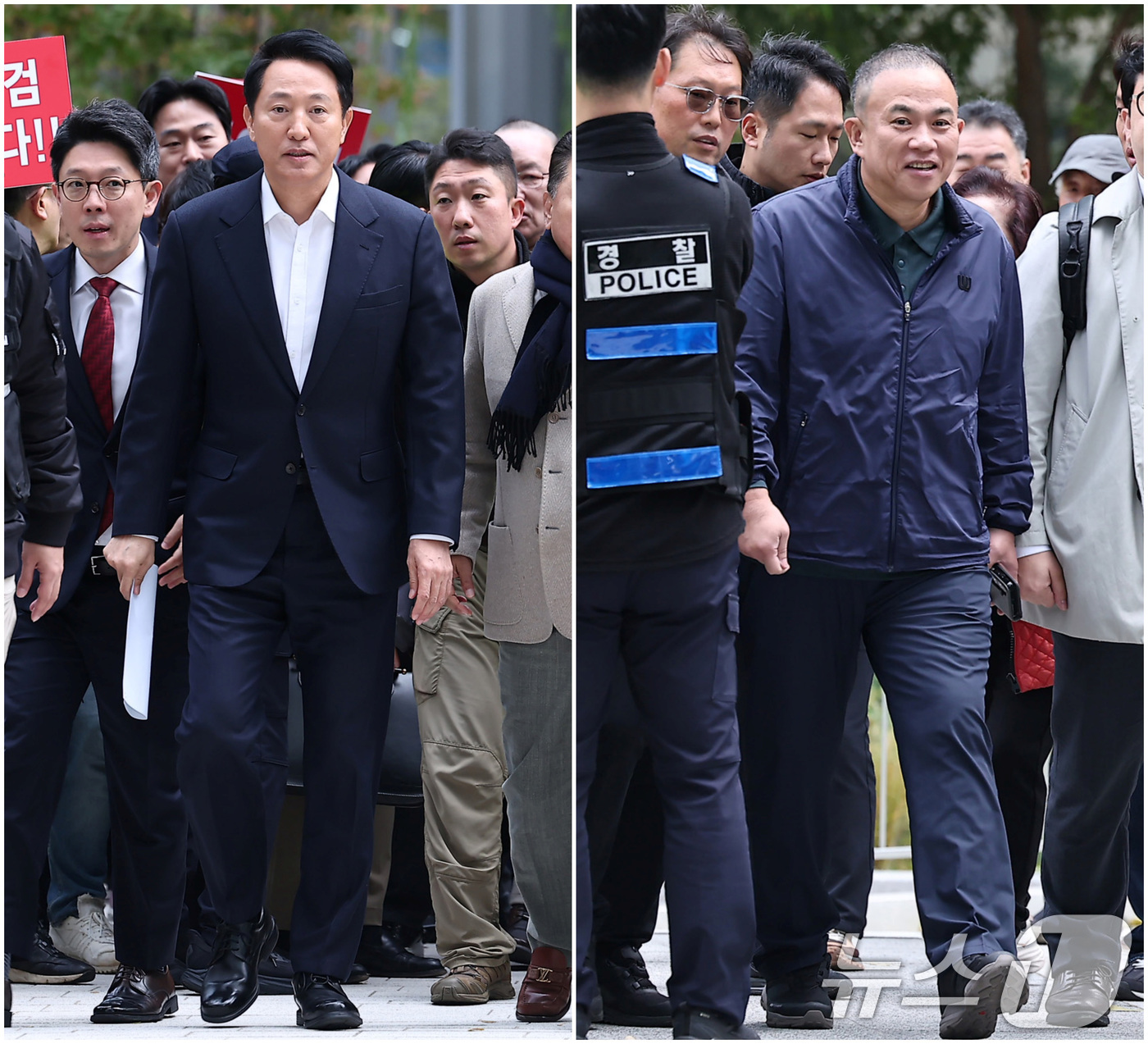 (서울=뉴스1) 김성진 기자 = 오세훈 서울시장(왼쪽)과 '정치 브로커' 명태균 씨가 8일 서울 종로구 KT광화문빌딩에 마련된 김건희 특검(특별검사 민중기) 사무실에 조사를 받기 …