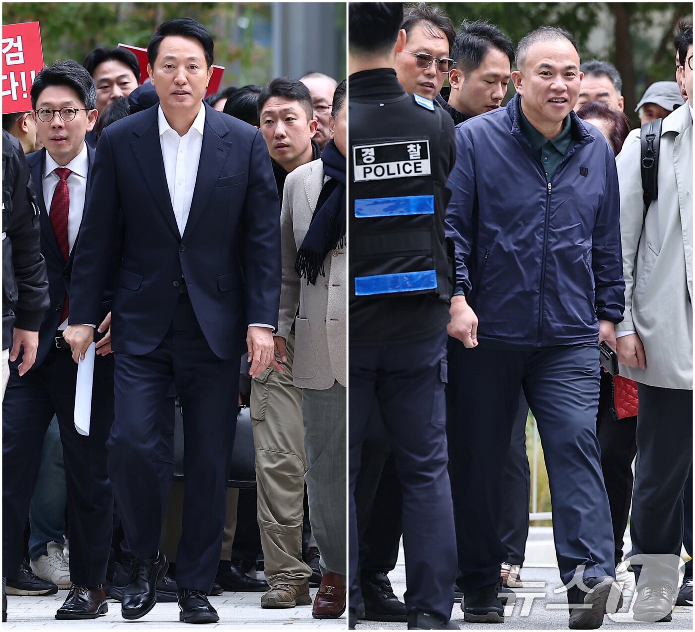 본문 이미지 - 오세훈 서울시장&#40;왼쪽&#41;과 &#39;정치 브로커&#39; 명태균 씨가 8일 서울 종로구 KT광화문빌딩에 마련된 김건희 특검&#40;특별검사 민중기&#41; 사무실에 조사를 받기 위해 출석하고 있다. 2025.11.8/뉴스1 ⓒ News1 김성진 기자