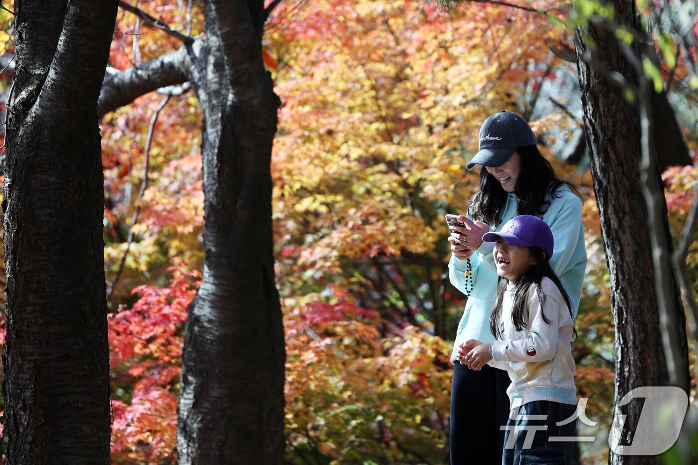 본문 이미지 - 온화한 가을 날씨를 보인 9일 오후 서울 종로구 인왕산 등산로에서 시민들이 단풍과 함께 즐거운 시간을 보내고 있다. 2025.11.9/뉴스1 ⓒ News1 황기선 기자