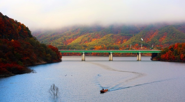늦가을 소양호의 단풍과 조업 중인 어부