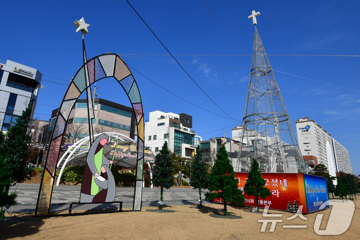 (포항=뉴스1) 최창호 기자 = 1일 경북 포항시 남구 철길 숲에 대형 성탄절 트리가 설치돼 있다. 2025.12.1/뉴스1