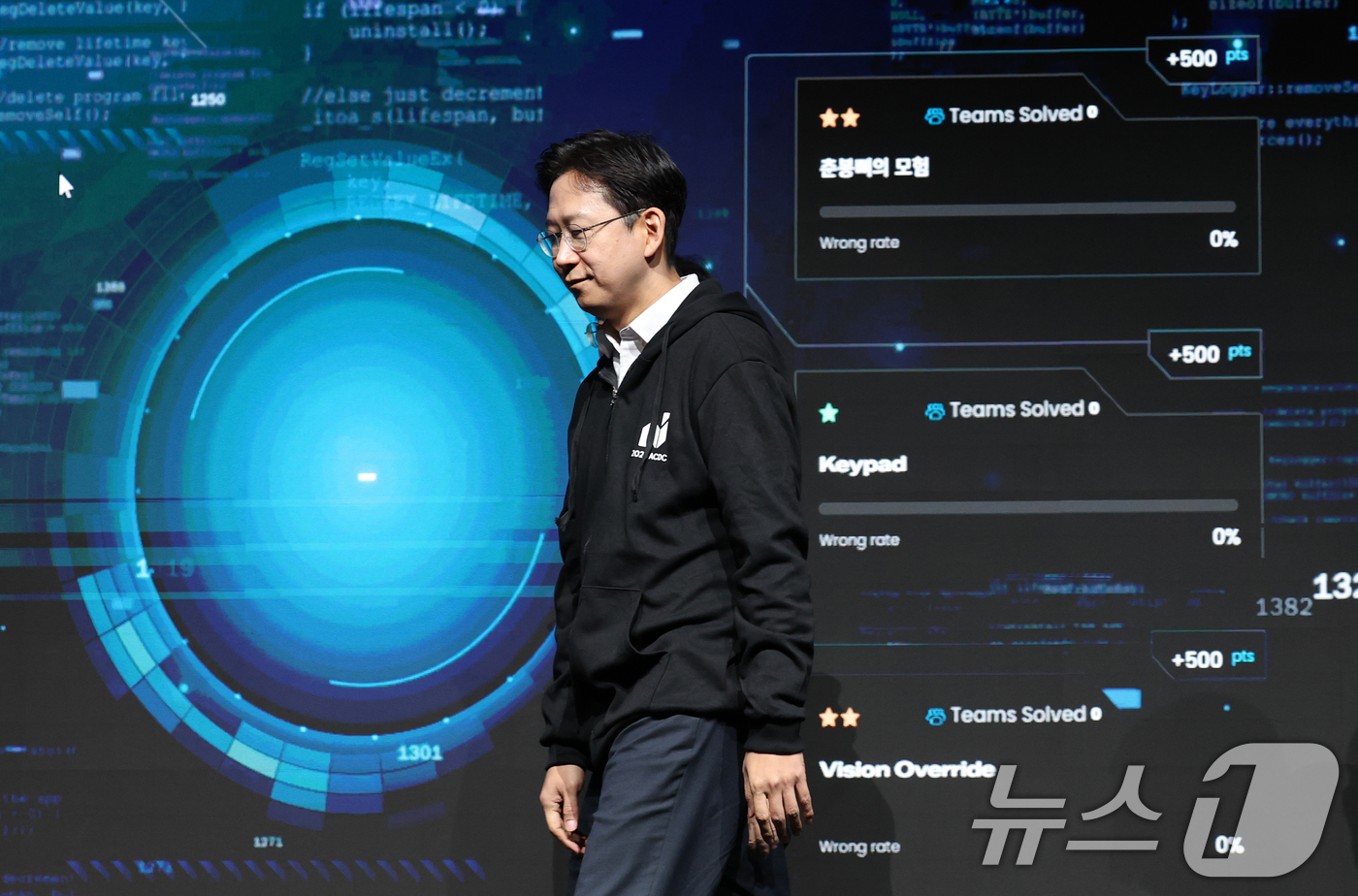 (서울=뉴스1) 오대일 기자 = 배경훈 부총리 겸 과학기술정보통신부 장관이 1일 오후 서울 강남구 코엑스 그랜드볼룸에서 열린 제1회 AI 해킹방어대회(ACDC)를 참관한 후 자리를 …