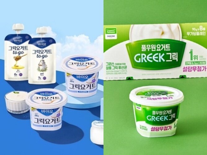 본문 이미지 - 매일유업 바이오 그릭요거트&#40;왼쪽&#41;와 풀무원다논의 그릭요거트&#40;매일유업·풀무원다논 제공&#41;