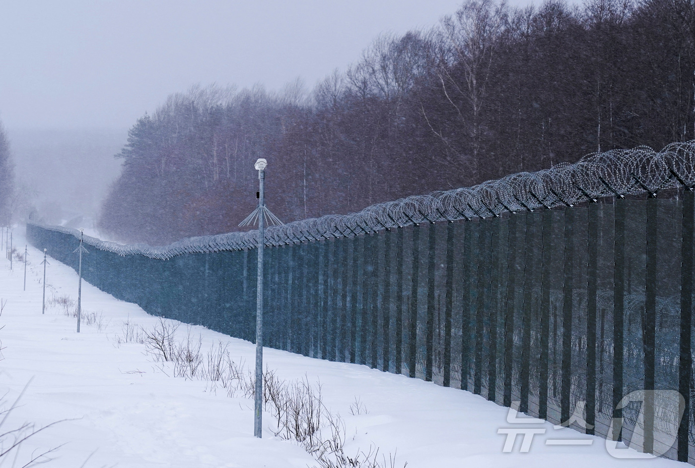 (쿠르멜리오니스 로이터=뉴스1) 강민경 기자 = 친러시아 국가 벨라루스와 북대서양조약기구(나토) 회원국인 리투아니아의 국경 지대를 촬영한 모습. (자료사진) 2022.1.21ⓒ 로 …