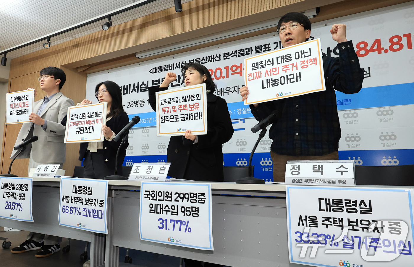 (서울=뉴스1) 이호윤 기자 = 10일 서울 종로구 경제정의실천시민연합(경실련) 강당에서 대통령비서실 부동산재산 분석결과 발표 기자회견이 열리고 있다. 이날 분석결과 발표에 따르면 …