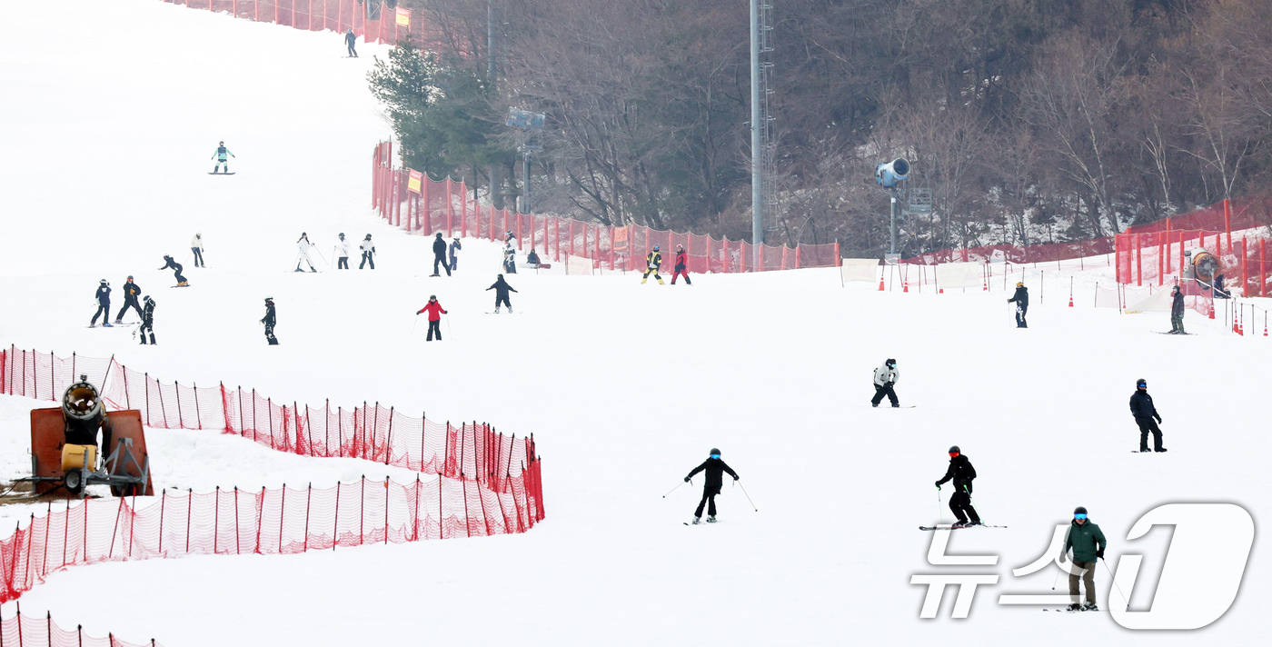 (경기광주=뉴스1) 김영운 기자 = 곤지암리조트 스키장이 개장한 10일 경기 광주시 곤지암리조트 스키장을 찾은 시민들이 시민들이 스키와 보드를 타며 겨울을 만끽하고 있다. 2025 …