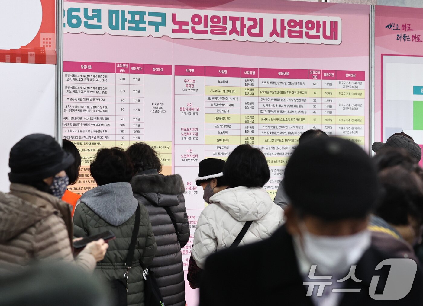 본문 이미지 - 서울 마포구청에서 열린 노인일자리 박람회에서 어르신들이 참가업체 모집요강을 살펴보고 있다.  ⓒ 뉴스1 구윤성 기자